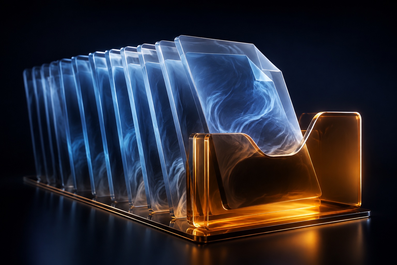 Glass document sheets arranged in an amber file holder